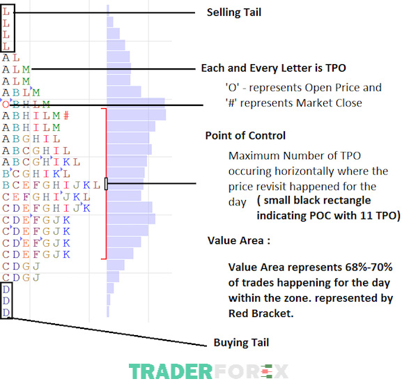 Minh họa về các ký tự cung cấp dữ liệu thị trường trong Market Profile